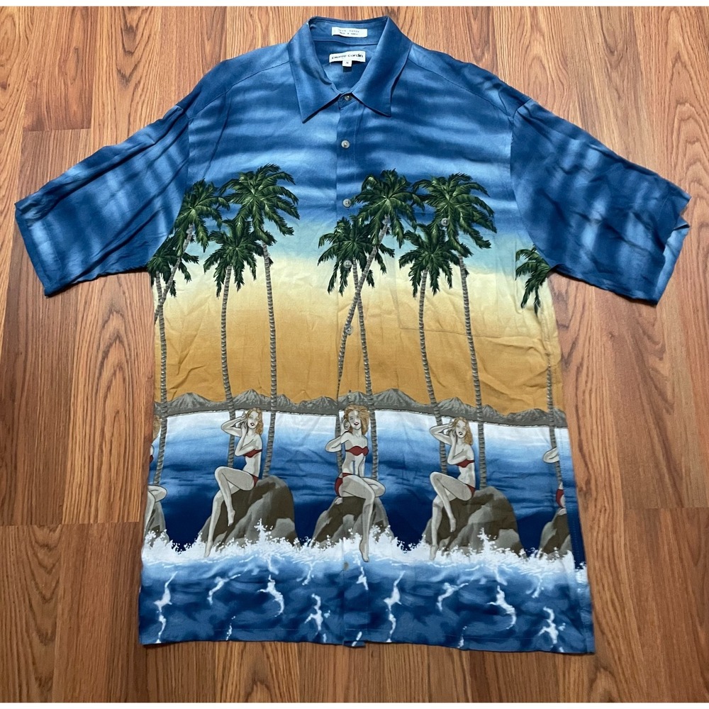 Pierre Cardin Hawaiian Shirt Mens Medium Rayon Pin Up Print Aloha Camp